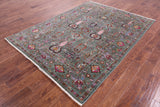 Green Peshawar Hand Knotted Wool Rug - 5' 10" X 7' 10" - Golden Nile