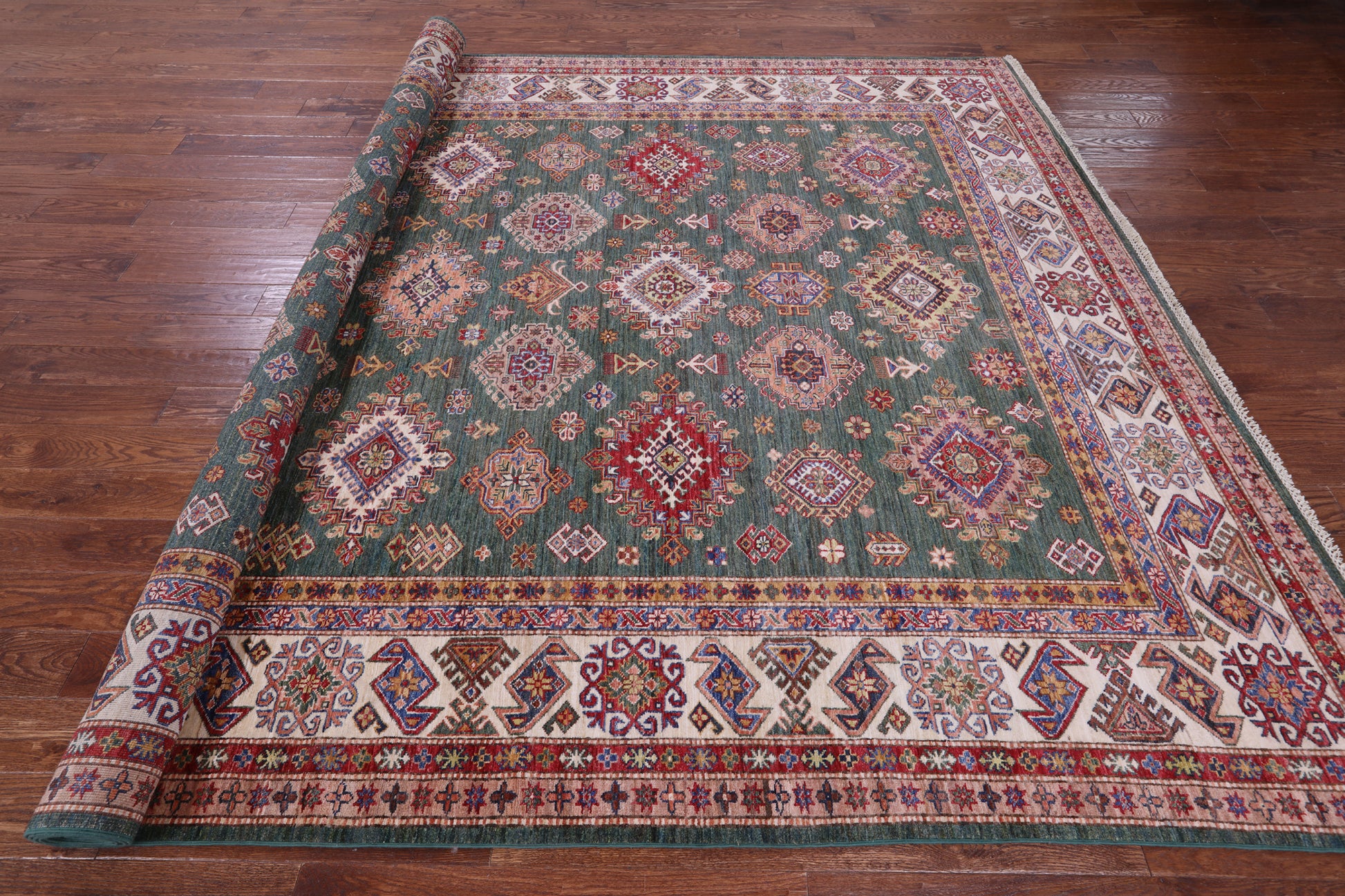 Green Super Kazak Hand Knotted Wool Rug - 9' 0" X 12' 9" - Golden Nile