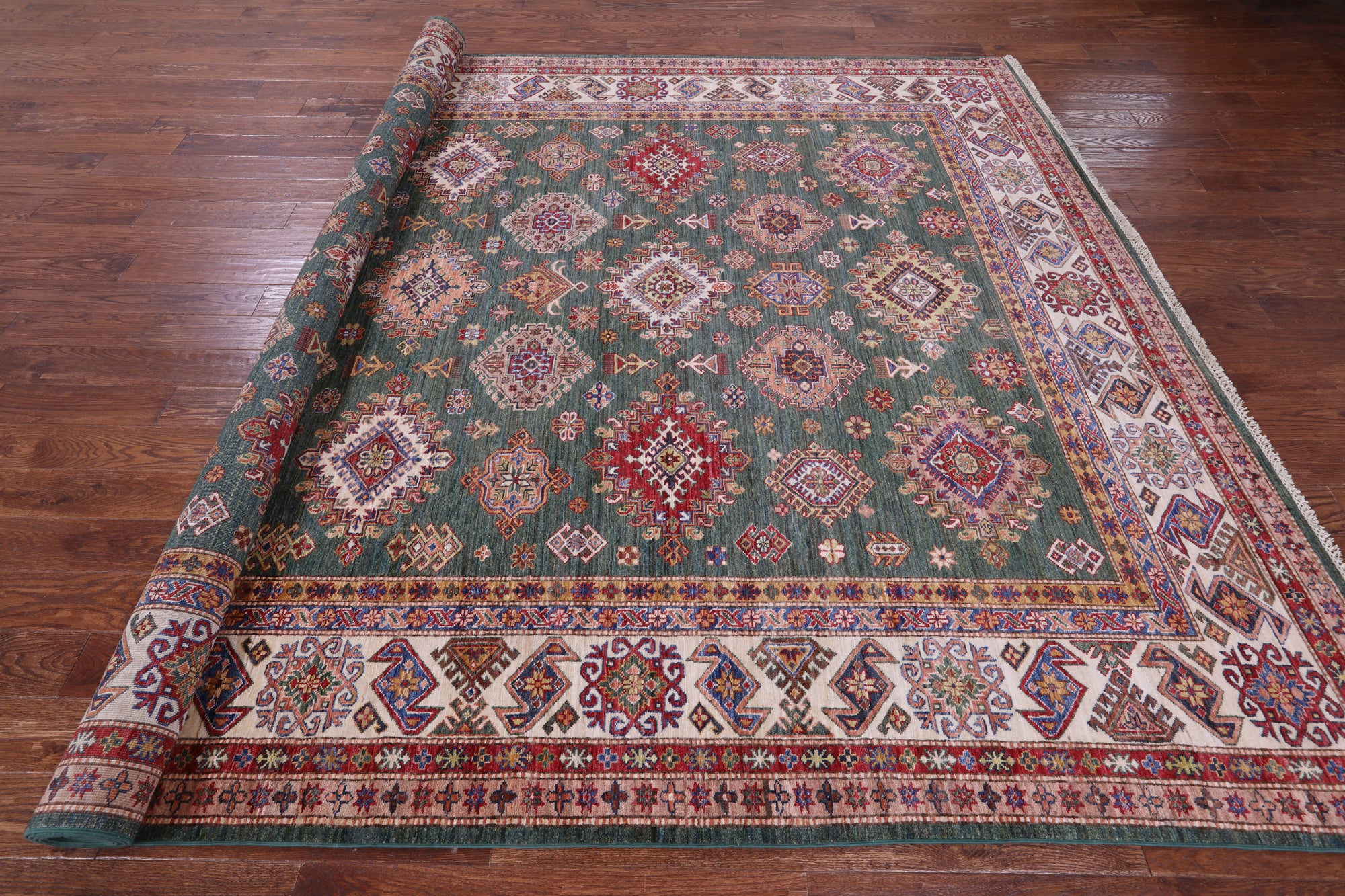 Green Super Kazak Hand Knotted Wool Rug - 9' 0" X 12' 9" - Golden Nile