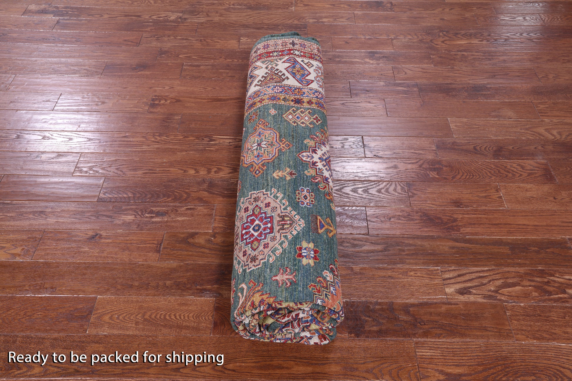 Green Super Kazak Hand Knotted Wool Rug - 9' 0" X 12' 9" - Golden Nile