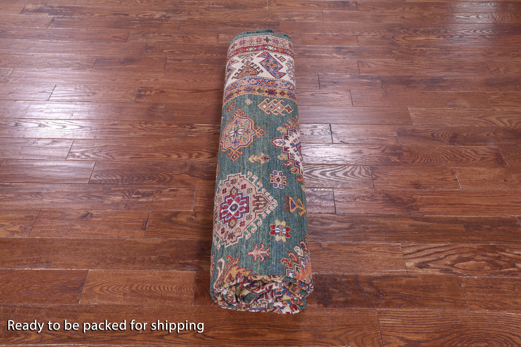 Green Super Kazak Hand Knotted Wool Rug - 9' 0" X 12' 9" - Golden Nile