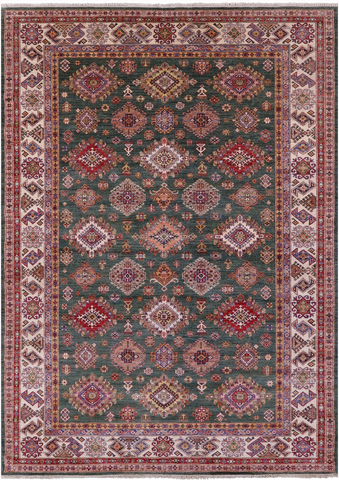 Green Super Kazak Hand Knotted Wool Rug - 9' 0" X 12' 9" - Golden Nile