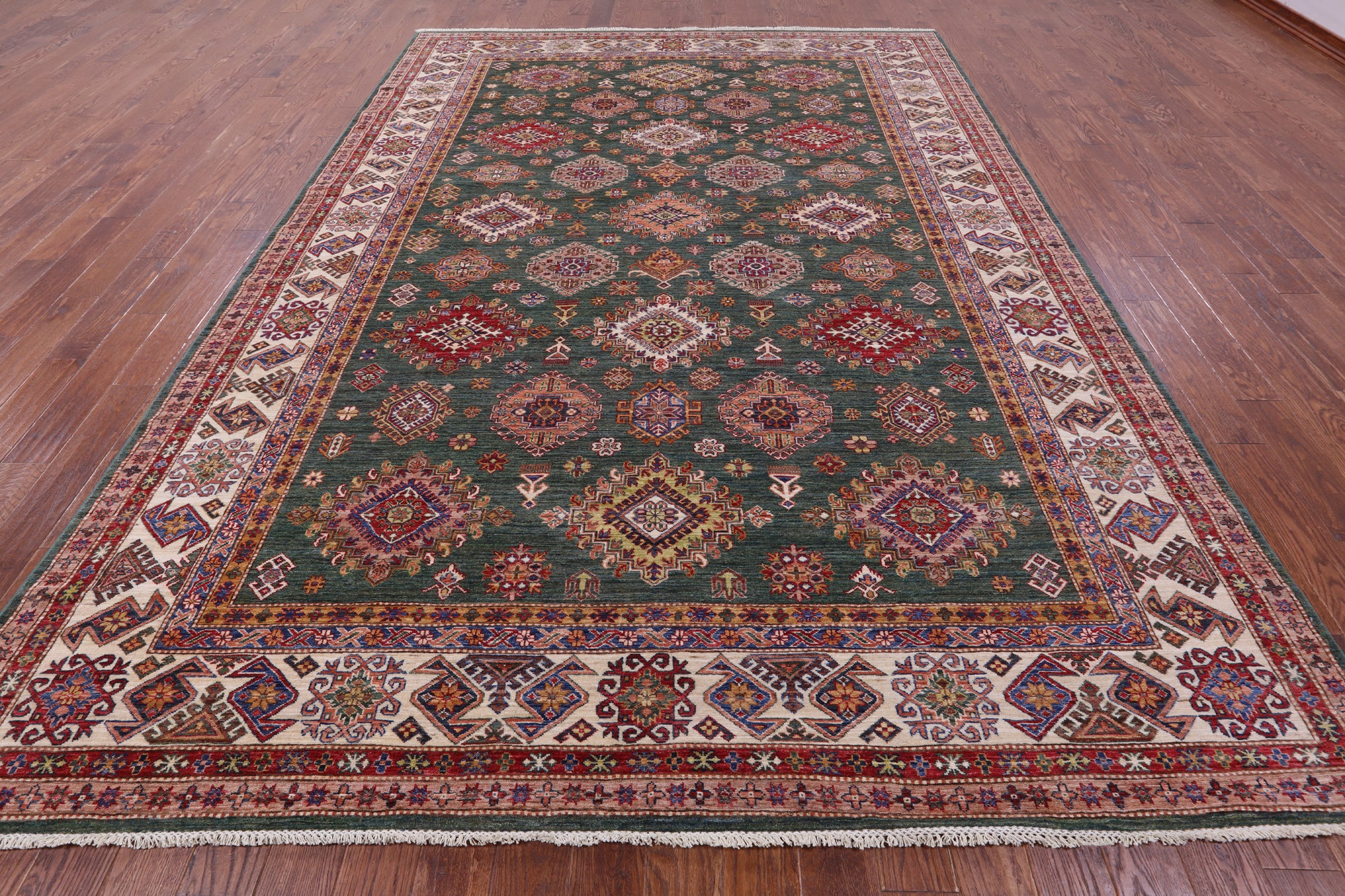 Green Super Kazak Hand Knotted Wool Rug - 9' 0" X 12' 9" - Golden Nile