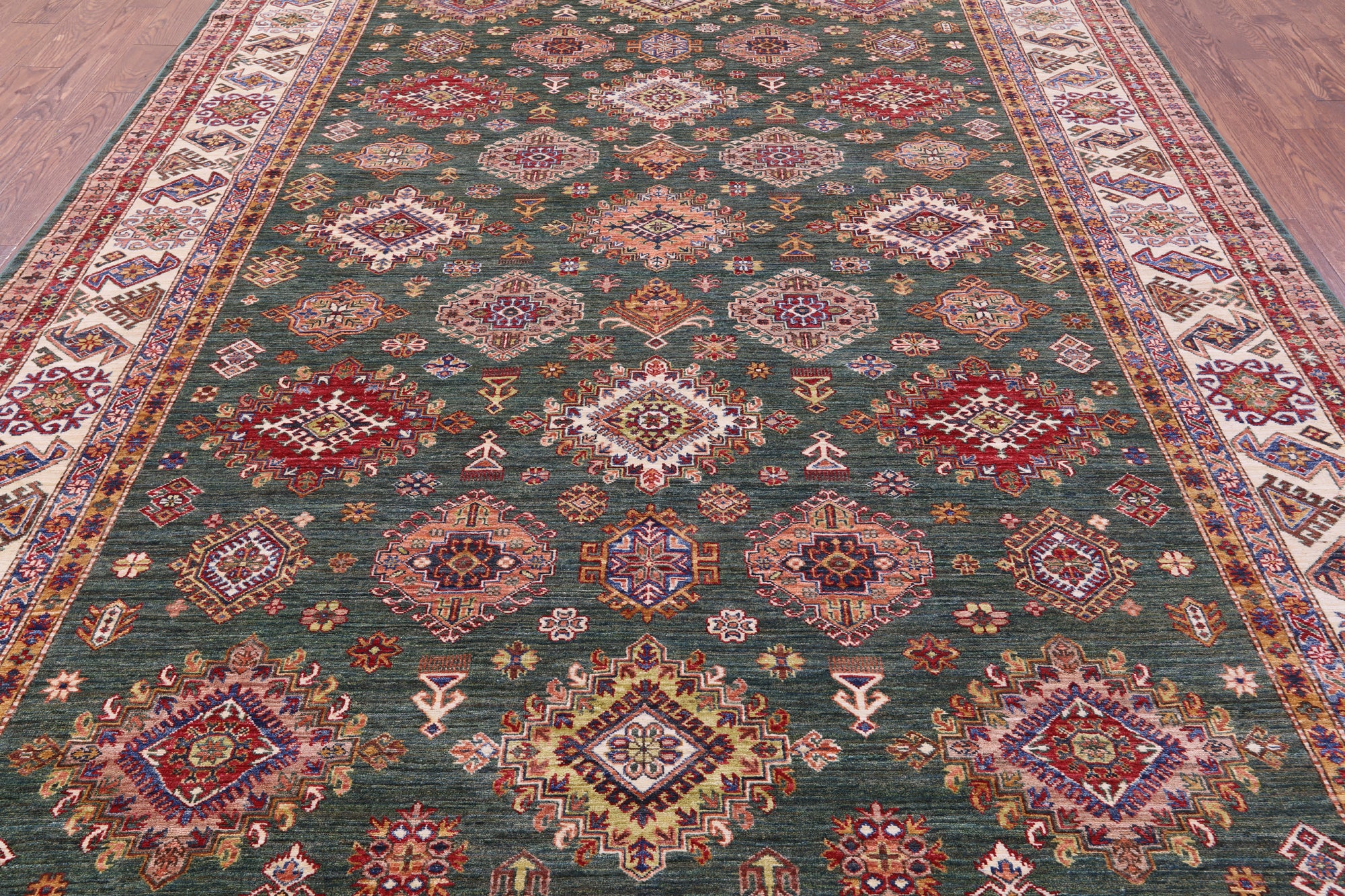 Green Super Kazak Hand Knotted Wool Rug - 9' 0" X 12' 9" - Golden Nile
