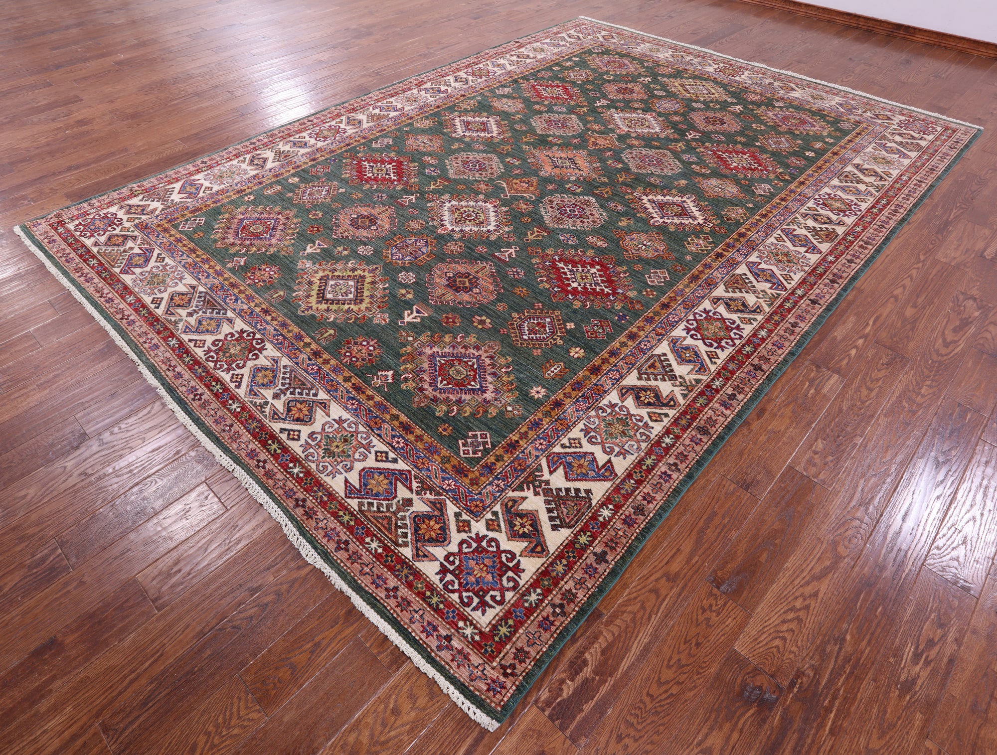Green Super Kazak Hand Knotted Wool Rug - 9' 0" X 12' 9" - Golden Nile