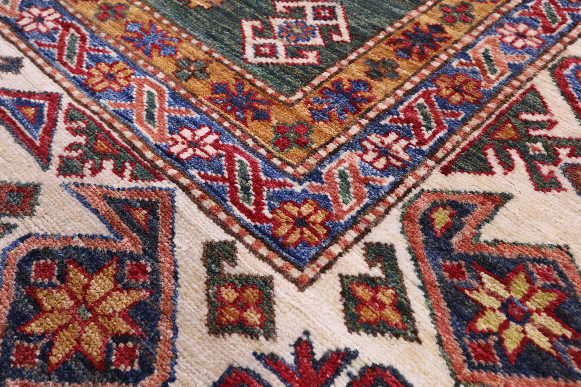 Green Super Kazak Hand Knotted Wool Rug - 9' 0" X 12' 9" - Golden Nile