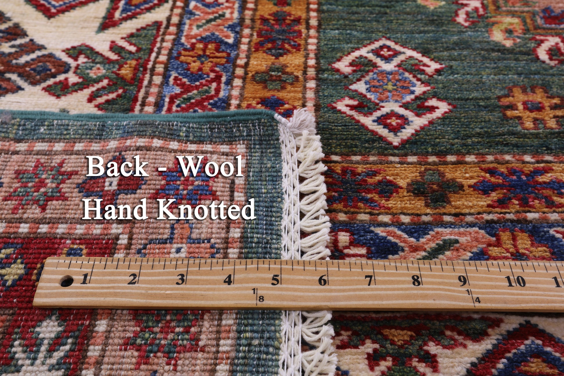 Green Super Kazak Hand Knotted Wool Rug - 9' 0" X 12' 9" - Golden Nile