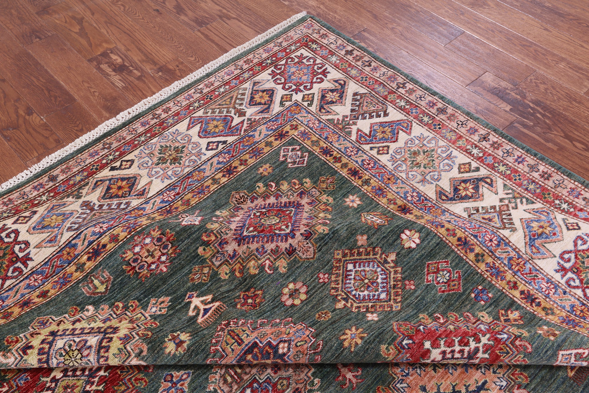 Green Super Kazak Hand Knotted Wool Rug - 9' 0" X 12' 9" - Golden Nile