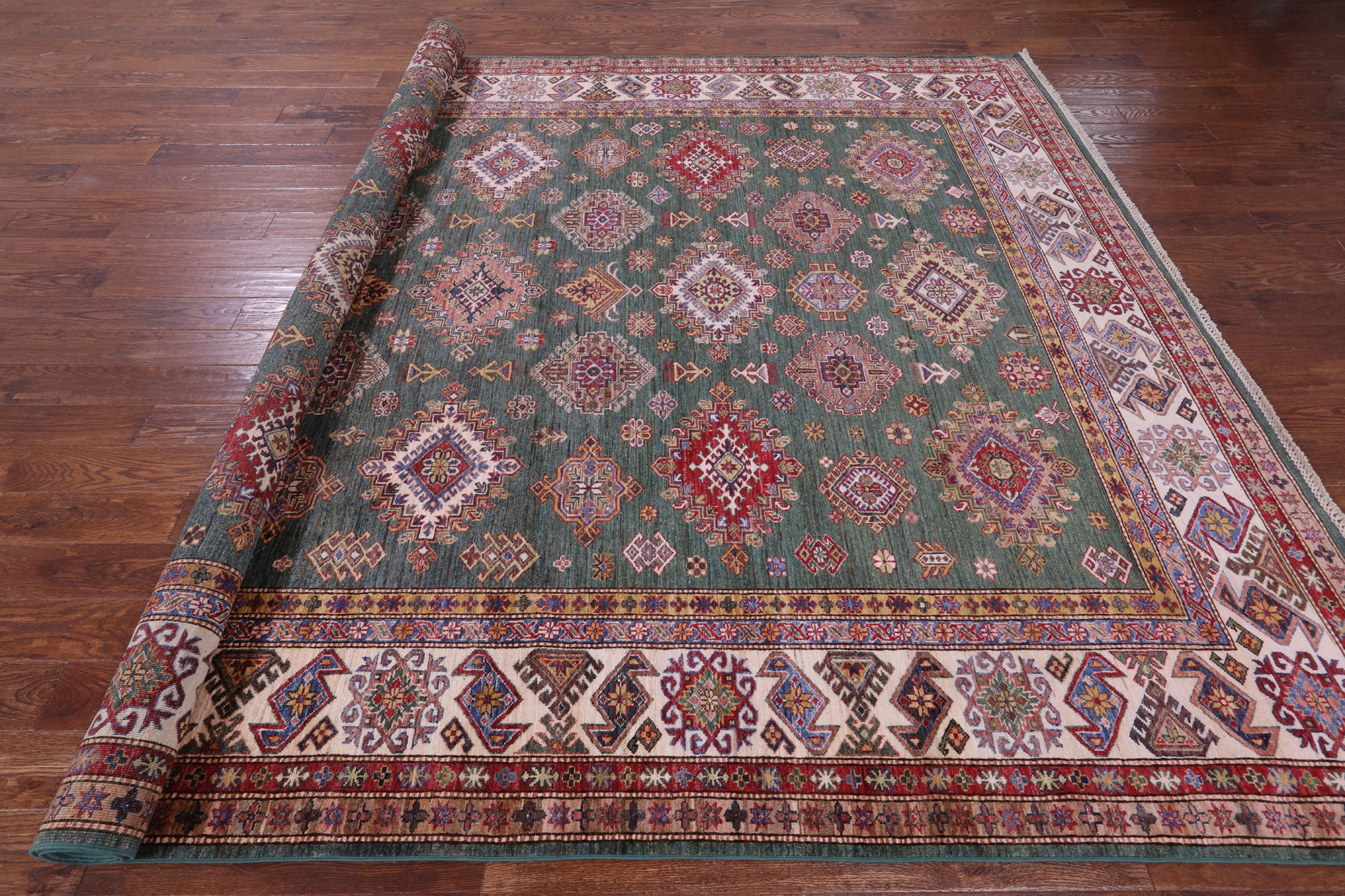 Green Super Kazak Hand Knotted Wool Rug - 9' 0" X 12' 10" - Golden Nile