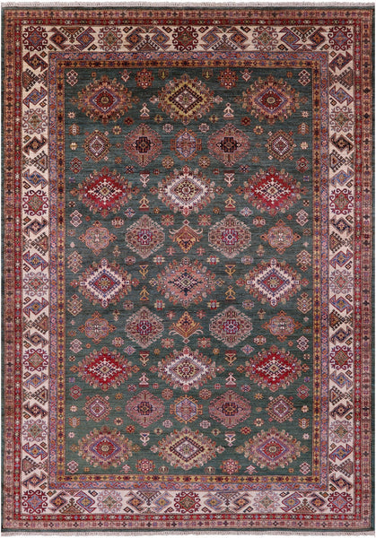Green Super Kazak Hand Knotted Wool Rug - 9' 0" X 12' 10" - Golden Nile
