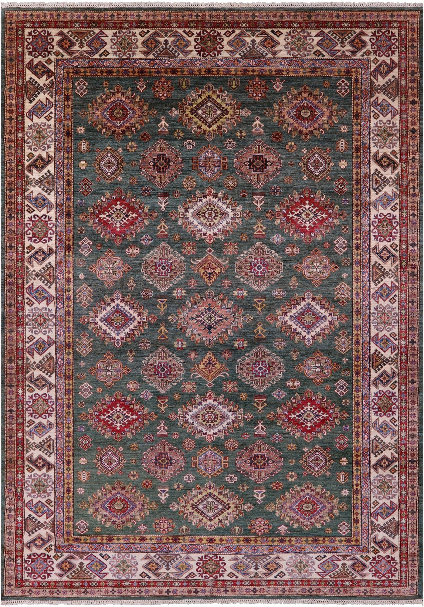 Green Super Kazak Hand Knotted Wool Rug - 9' 0" X 12' 10" - Golden Nile