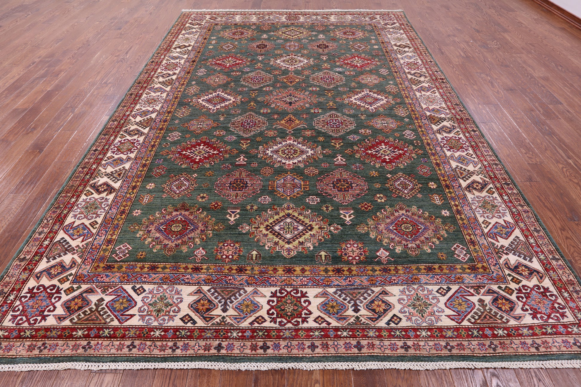 Green Super Kazak Hand Knotted Wool Rug - 9' 0" X 12' 10" - Golden Nile