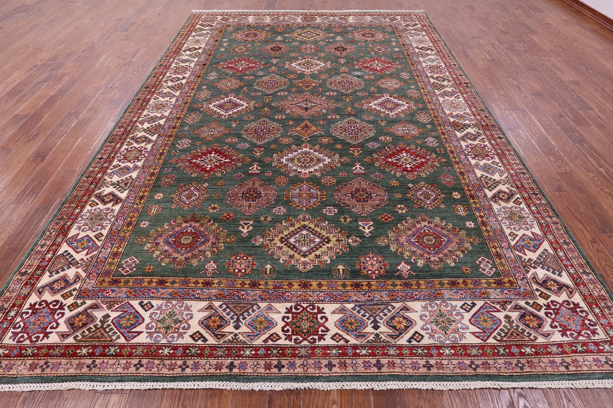Green Super Kazak Hand Knotted Wool Rug - 9' 0" X 12' 10" - Golden Nile