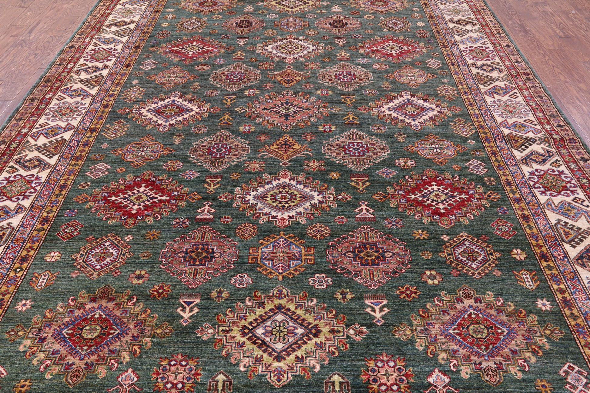 Green Super Kazak Hand Knotted Wool Rug - 9' 0" X 12' 10" - Golden Nile