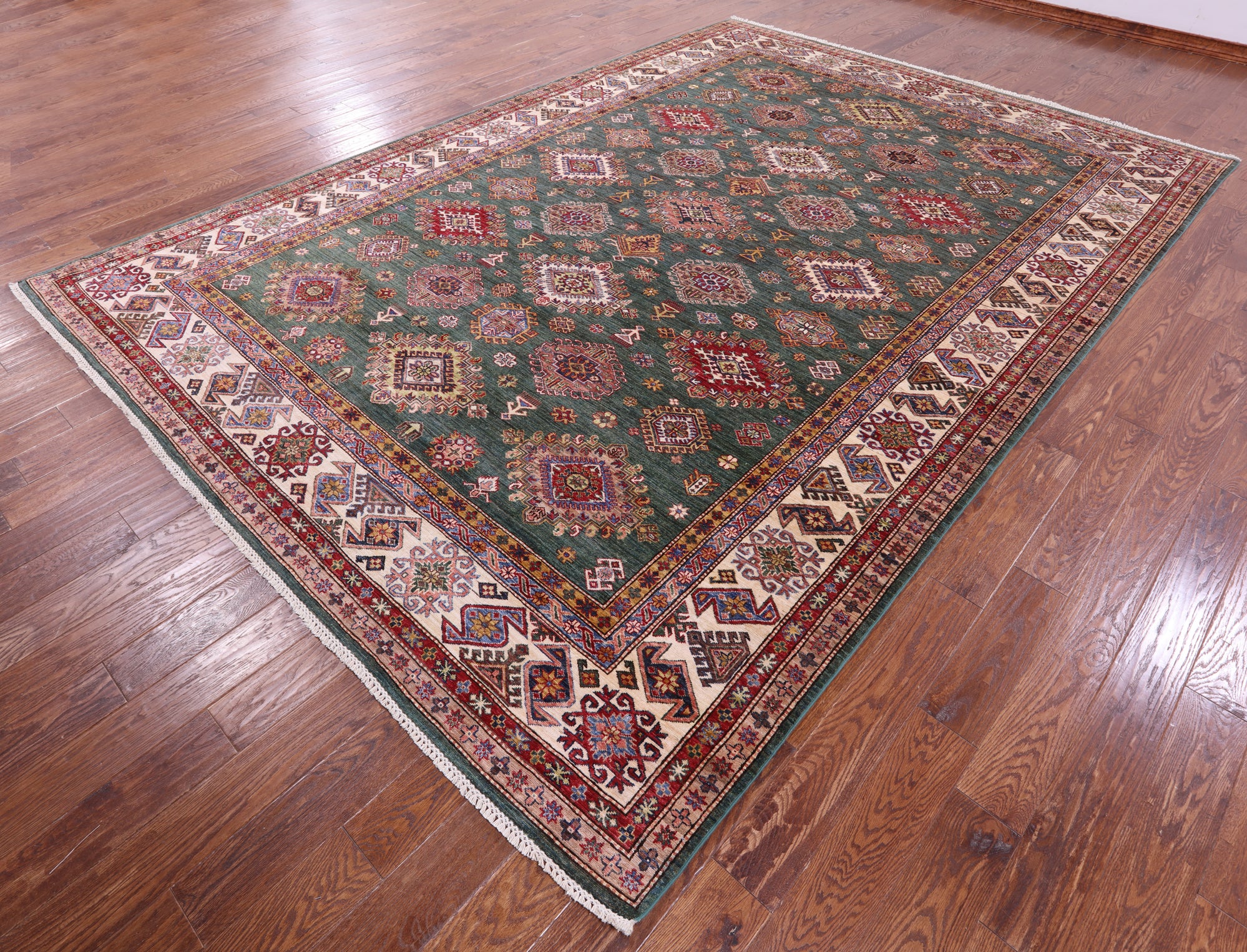 Green Super Kazak Hand Knotted Wool Rug - 9' 0" X 12' 10" - Golden Nile