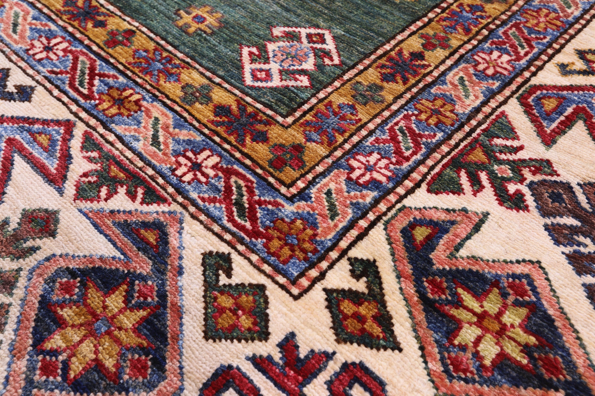 Green Super Kazak Hand Knotted Wool Rug - 9' 0" X 12' 10" - Golden Nile
