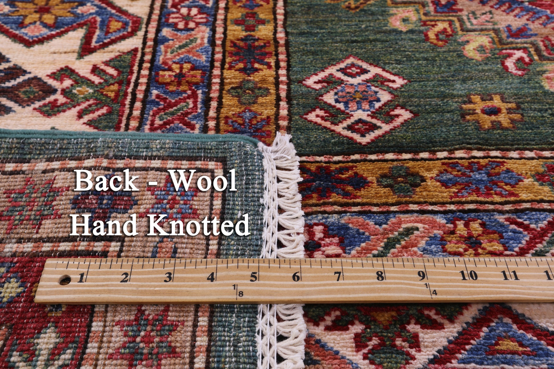 Green Super Kazak Hand Knotted Wool Rug - 9' 0" X 12' 10" - Golden Nile