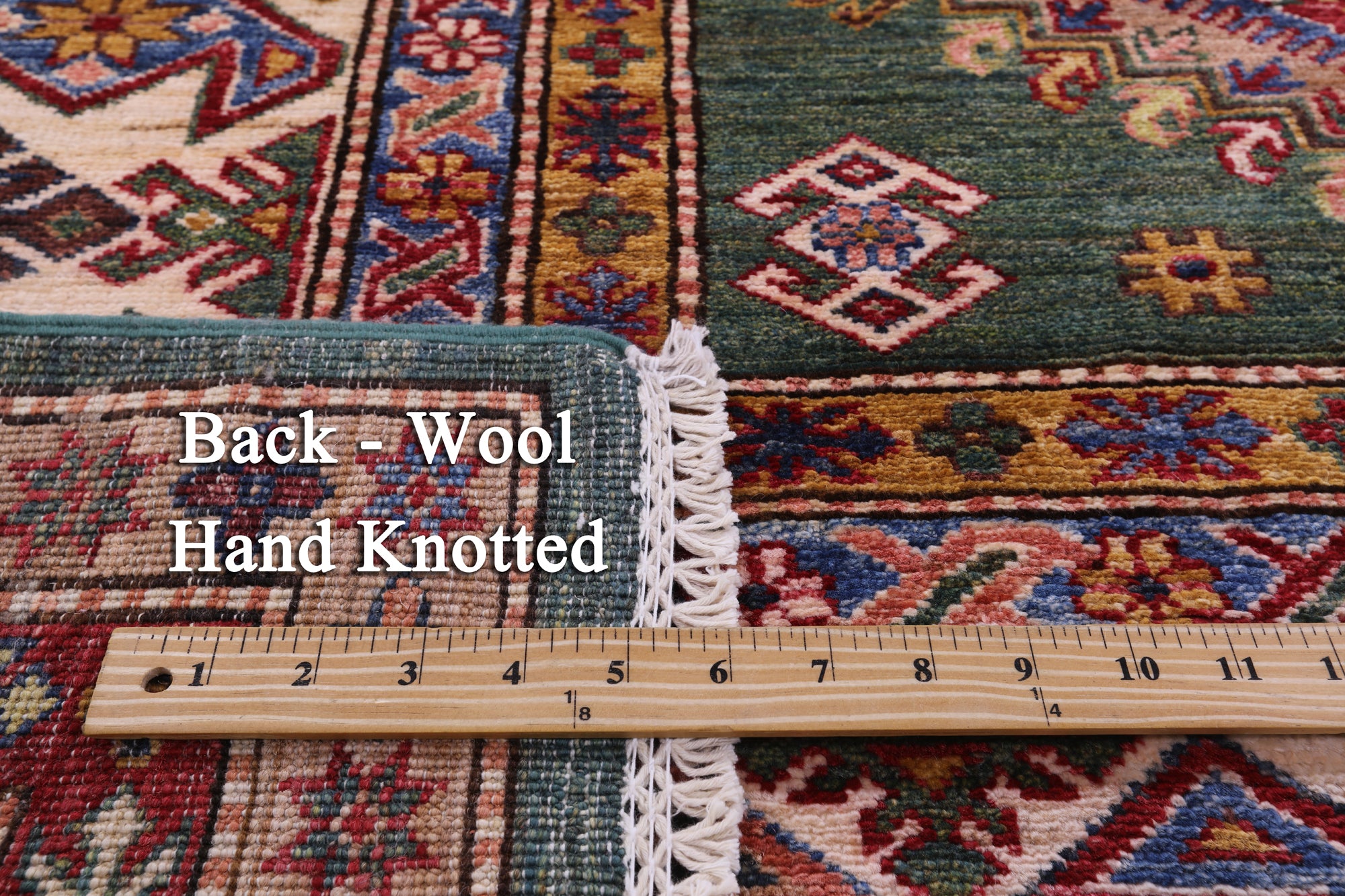 Green Super Kazak Hand Knotted Wool Rug - 9' 0" X 12' 10" - Golden Nile