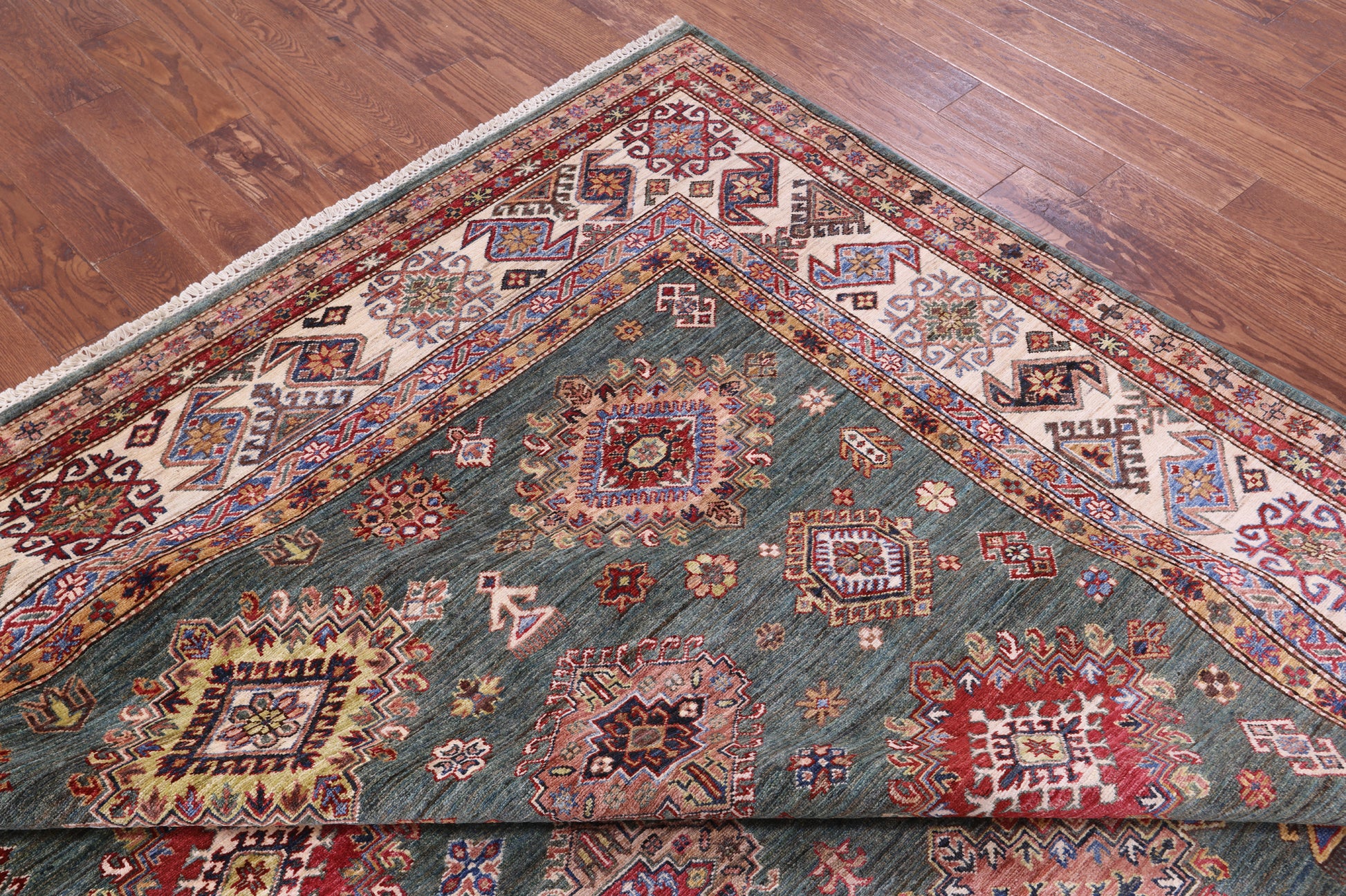 Green Super Kazak Hand Knotted Wool Rug - 9' 0" X 12' 10" - Golden Nile
