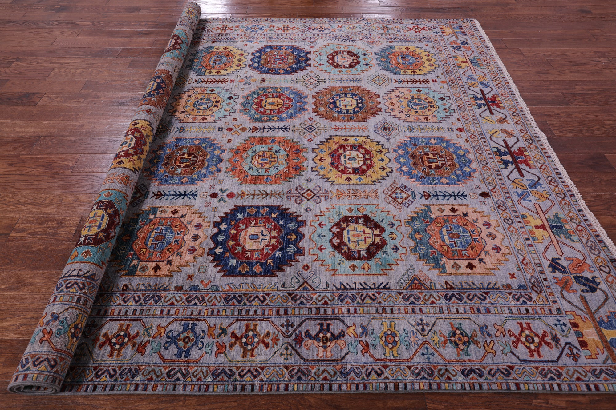 Grey Turkmen Ersari Hand Knotted Wool Rug - 8' 3" X 9' 6" - Golden Nile
