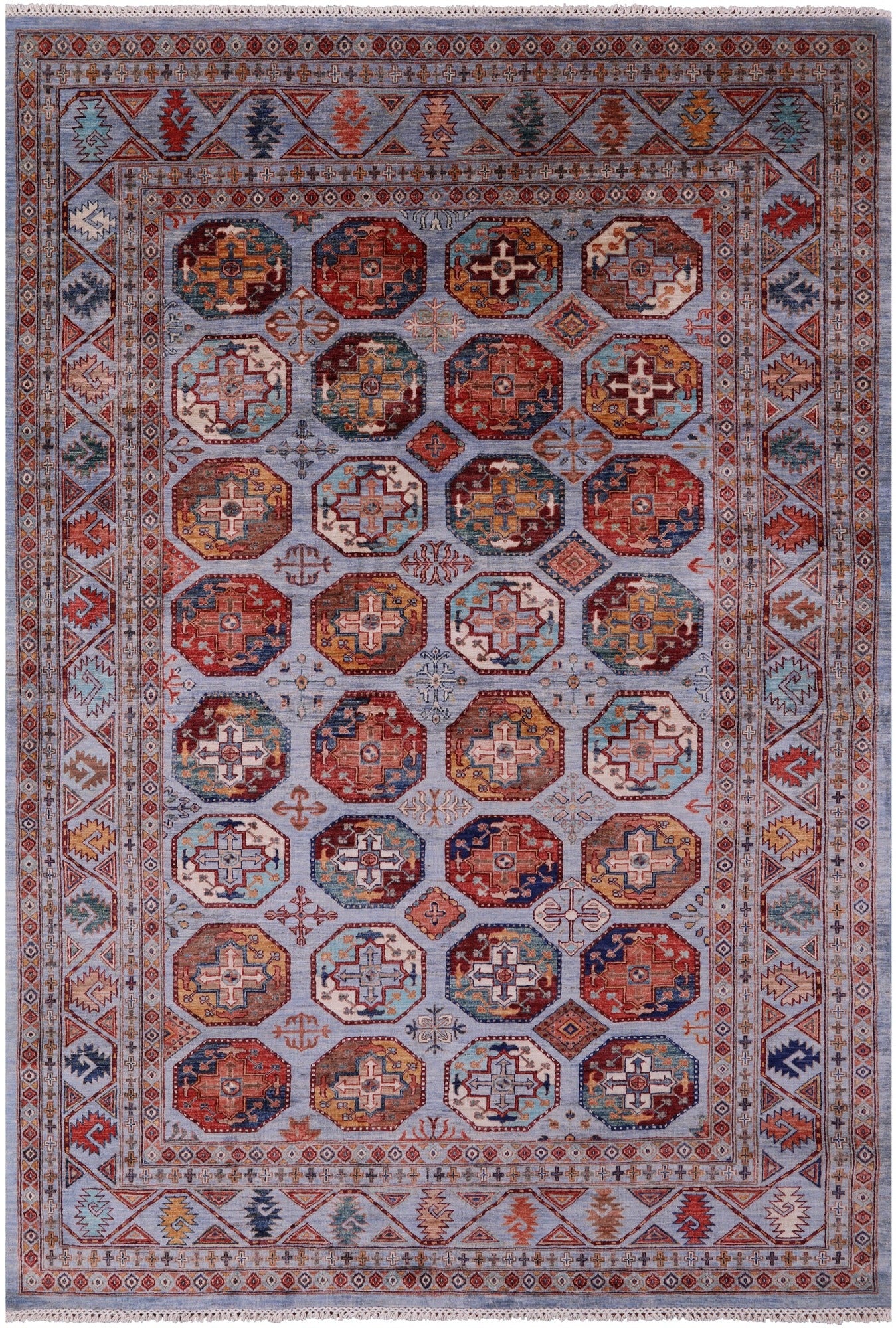 Blue Turkmen Ersari Handmade Wool Rug - 6' 9" X 10' 0" - Golden Nile
