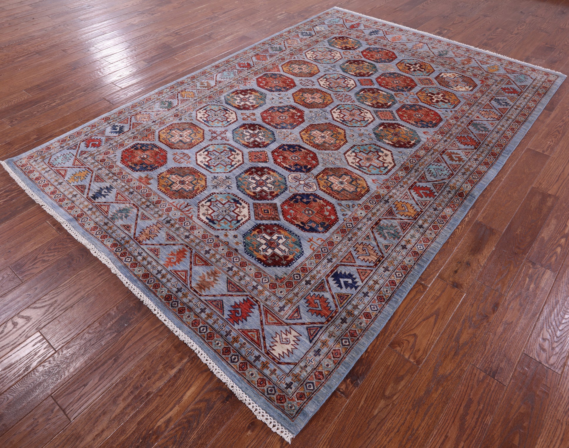 Blue Turkmen Ersari Handmade Wool Rug - 6' 9" X 10' 0" - Golden Nile
