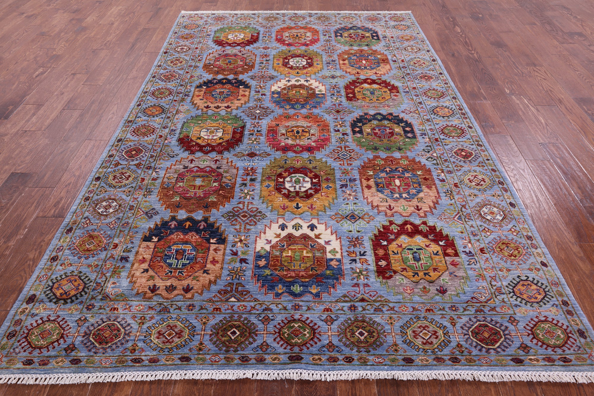 Blue Turkmen Ersari Handmade Wool Rug - 6' 8" X 9' 11" - Golden Nile