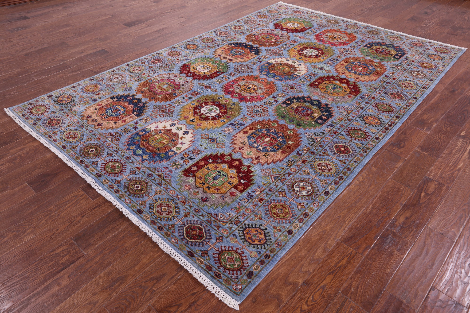 Blue Turkmen Ersari Handmade Wool Rug - 6' 8" X 9' 11" - Golden Nile