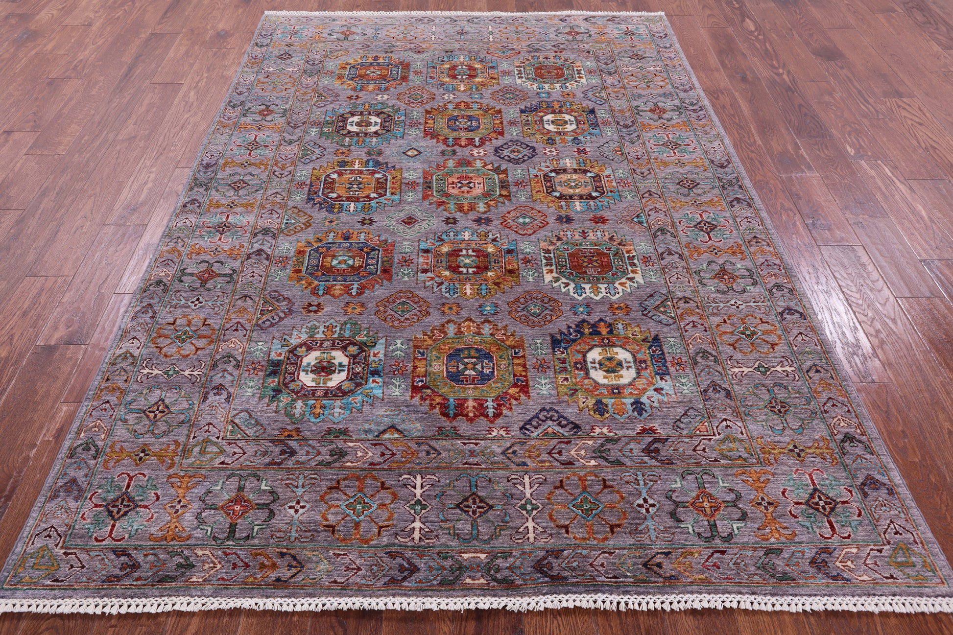 Grey Turkmen Ersari Handmade Wool Rug - 5' 9" X 8' 2" - Golden Nile