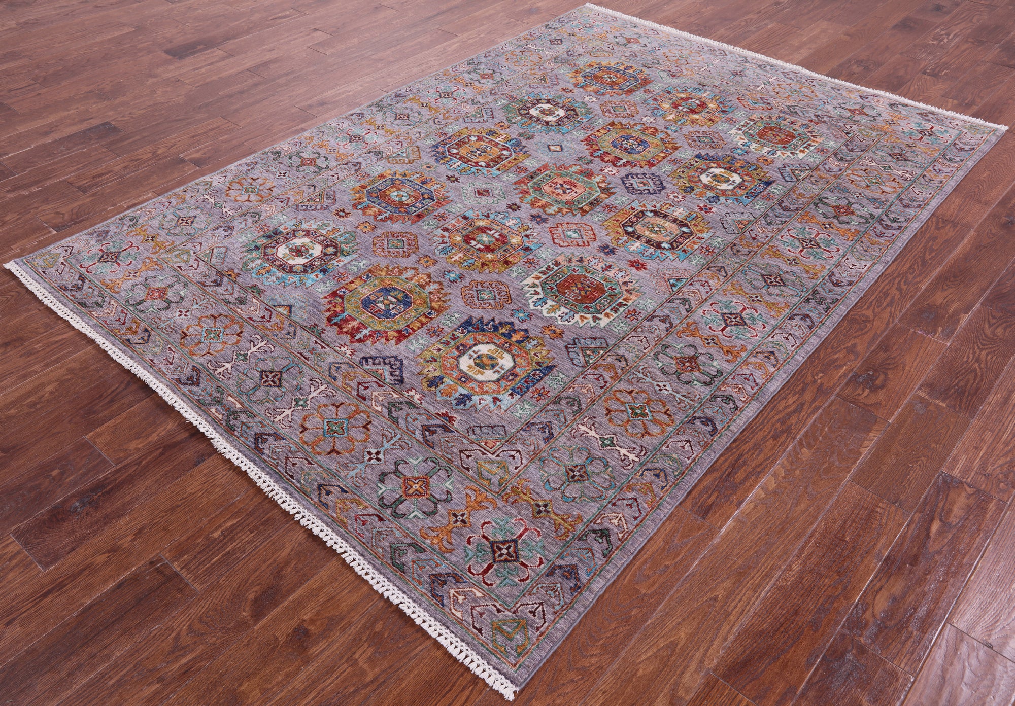 Grey Turkmen Ersari Handmade Wool Rug - 5' 9" X 8' 2" - Golden Nile