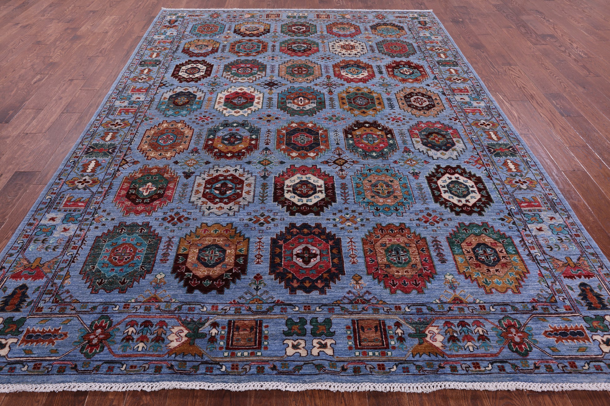 Blue Turkmen Ersari Handmade Wool Rug - 8' 3" X 11' 2" - Golden Nile