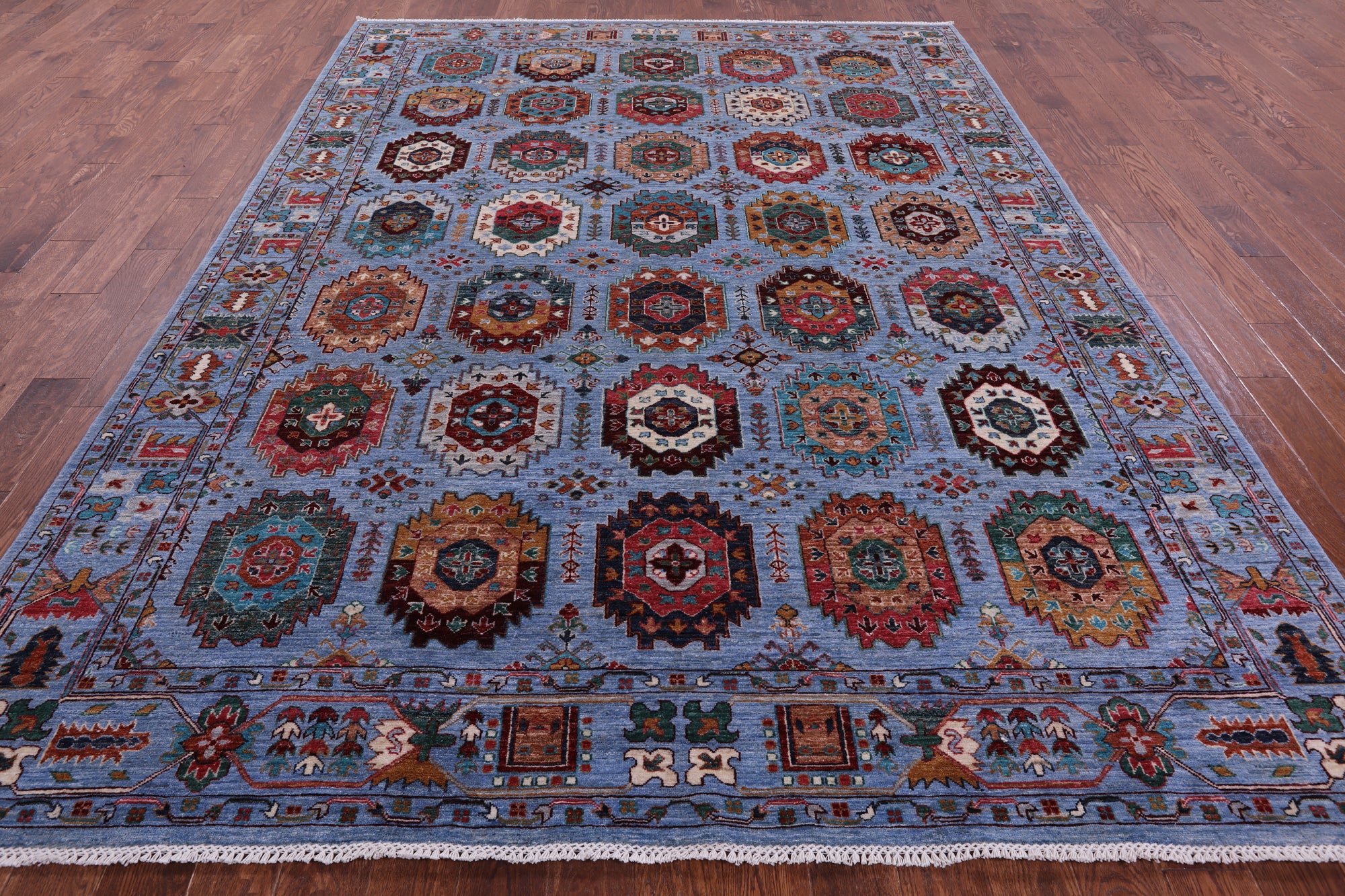 Blue Turkmen Ersari Handmade Wool Rug - 8' 3" X 11' 2" - Golden Nile