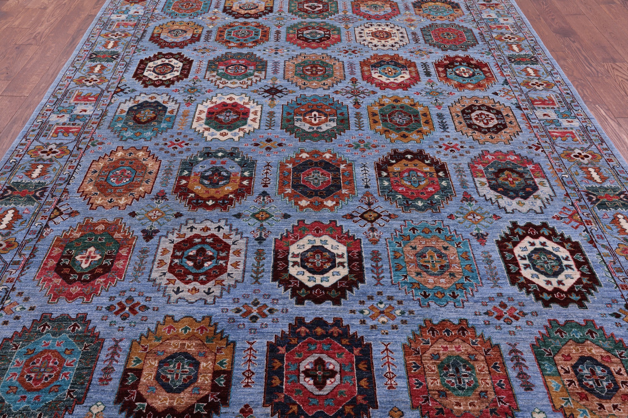 Blue Turkmen Ersari Handmade Wool Rug - 8' 3" X 11' 2" - Golden Nile