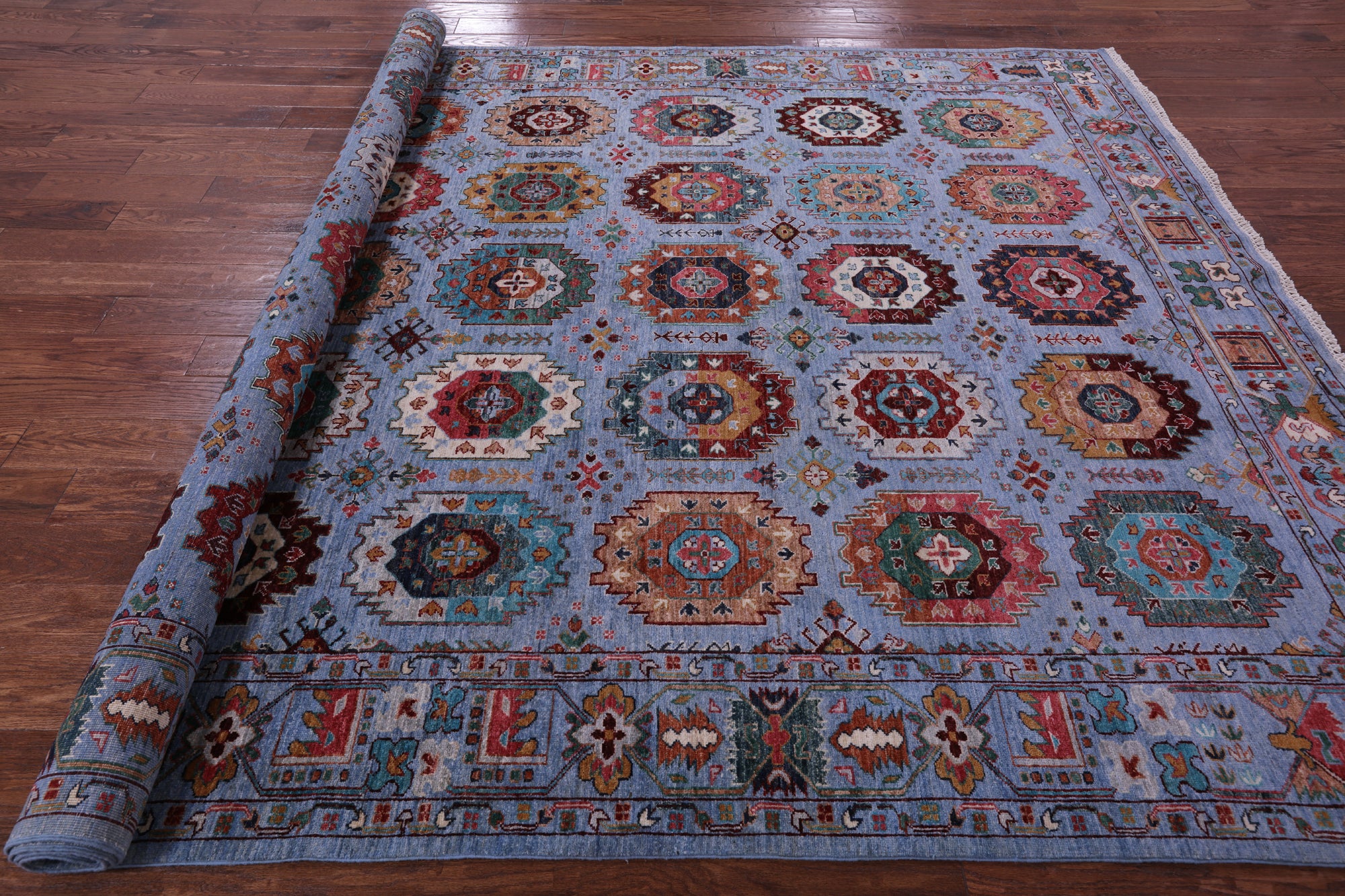 Blue Turkmen Ersari Handmade Wool Rug - 8' 3" X 11' 2" - Golden Nile