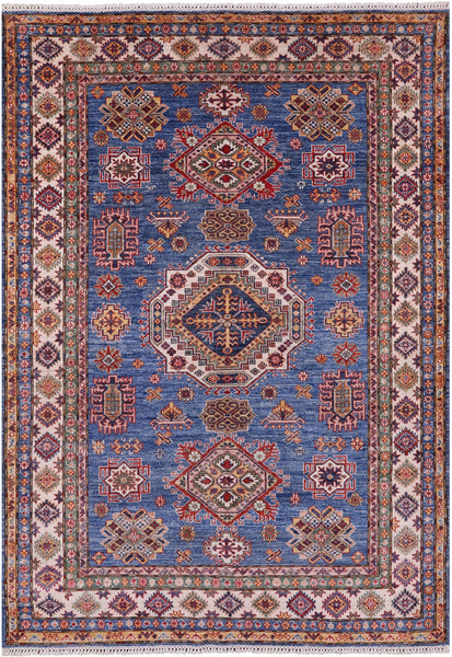 Blue Super Kazak Hand Knotted Wool Rug - 5' 8" X 7' 11" - Golden Nile