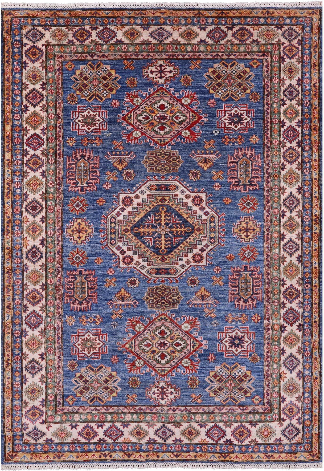 Blue Super Kazak Hand Knotted Wool Rug - 5' 8" X 7' 11" - Golden Nile