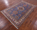 Blue Super Kazak Hand Knotted Wool Rug - 5' 8" X 7' 11" - Golden Nile