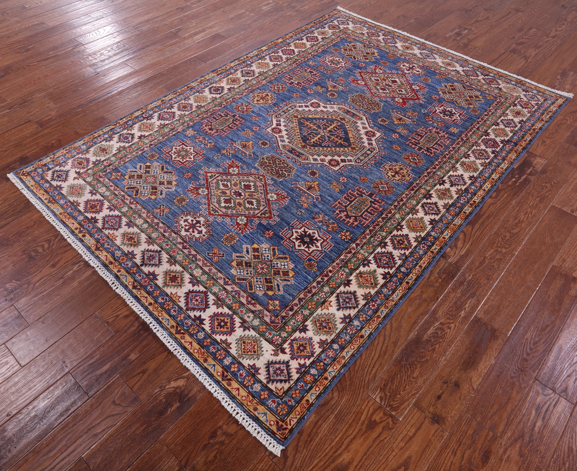 Blue Super Kazak Hand Knotted Wool Rug - 5' 8" X 7' 11" - Golden Nile