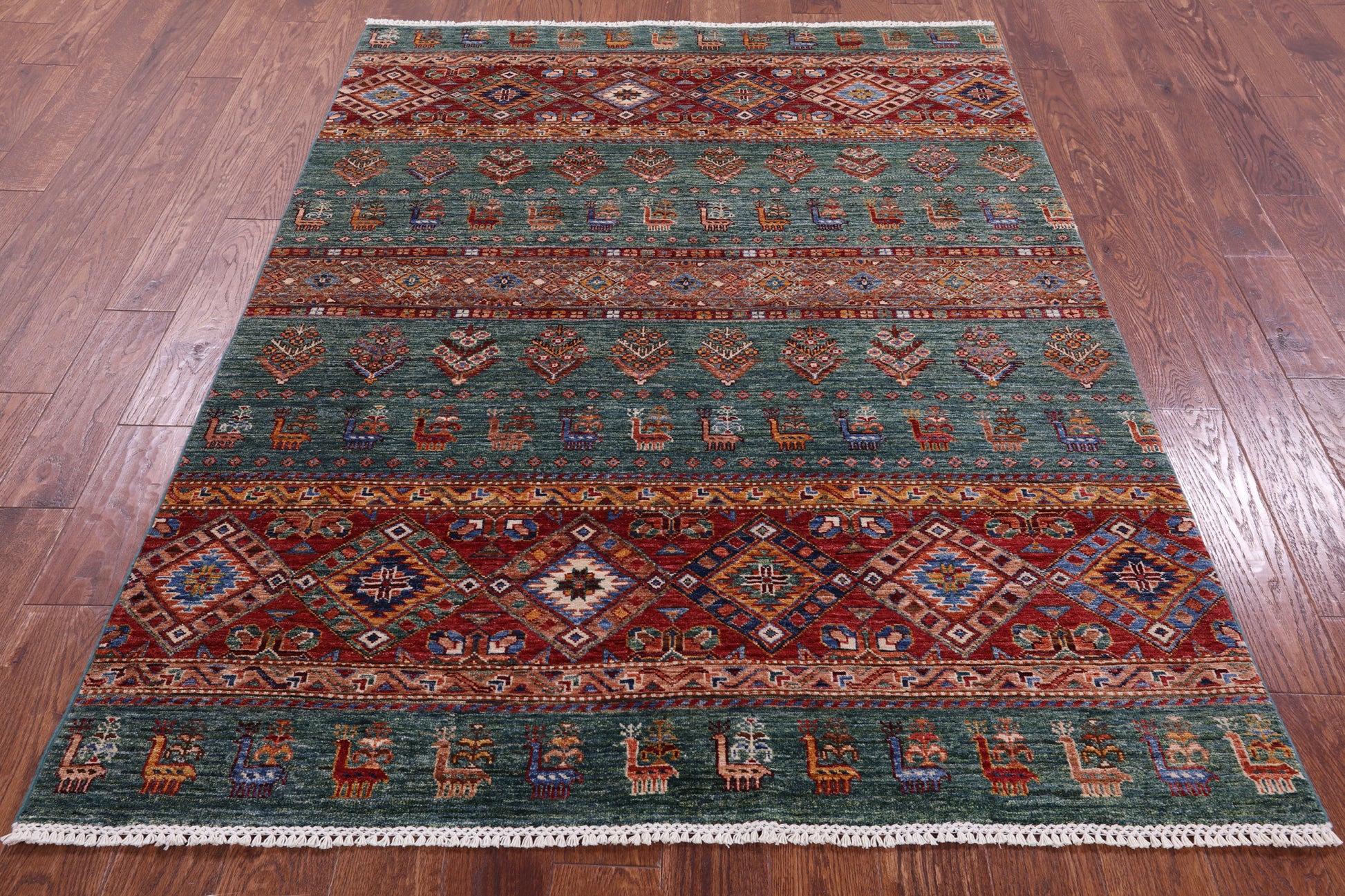 Green Tribal Persian Gabbeh Hand Knotted Wool Rug - 5' 1" X 6' 9" - Golden Nile