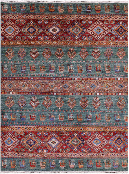 Green Tribal Persian Gabbeh Hand Knotted Wool Rug - 5' 1" X 6' 9" - Golden Nile