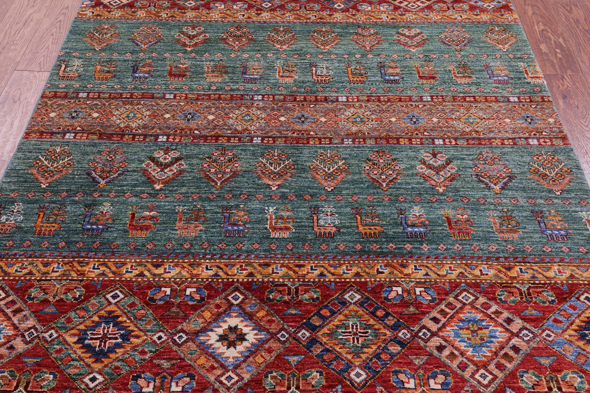 Green Tribal Persian Gabbeh Hand Knotted Wool Rug - 5' 1" X 6' 9" - Golden Nile