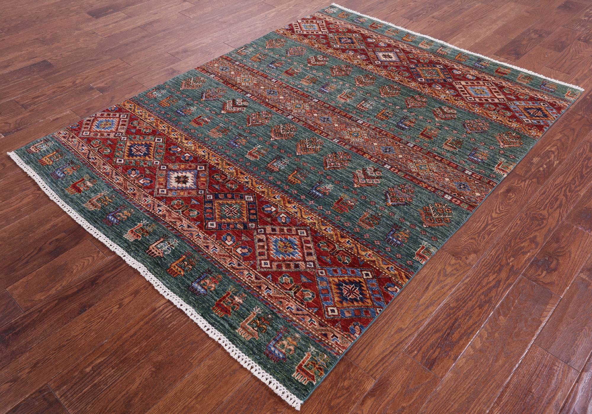 Green Tribal Persian Gabbeh Hand Knotted Wool Rug - 5' 1" X 6' 9" - Golden Nile