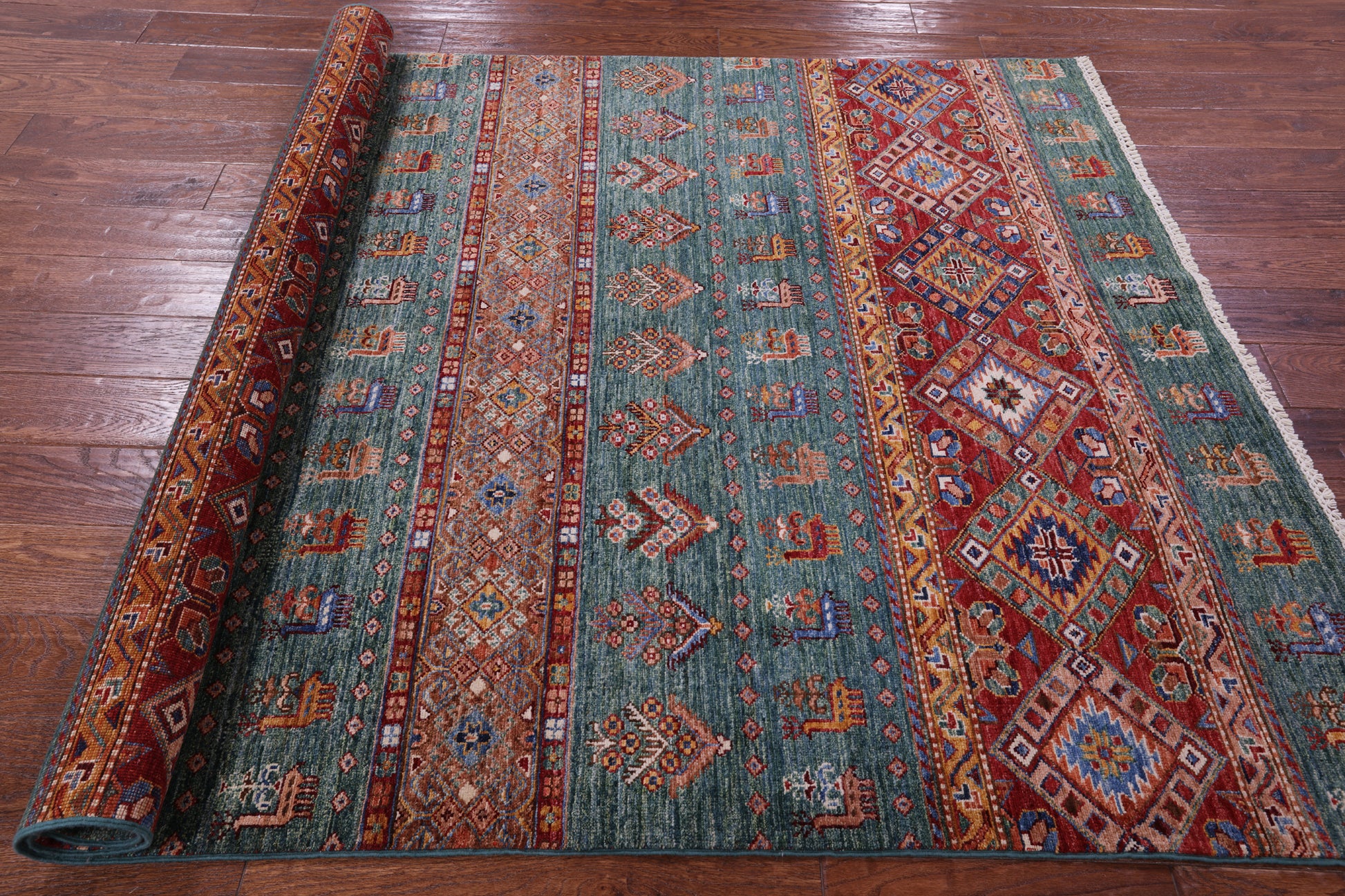 Green Tribal Persian Gabbeh Hand Knotted Wool Rug - 5' 1" X 6' 9" - Golden Nile
