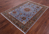 Blue Persian Tabriz Hand Knotted Wool Rug - 5' 0" X 6' 10" - Golden Nile