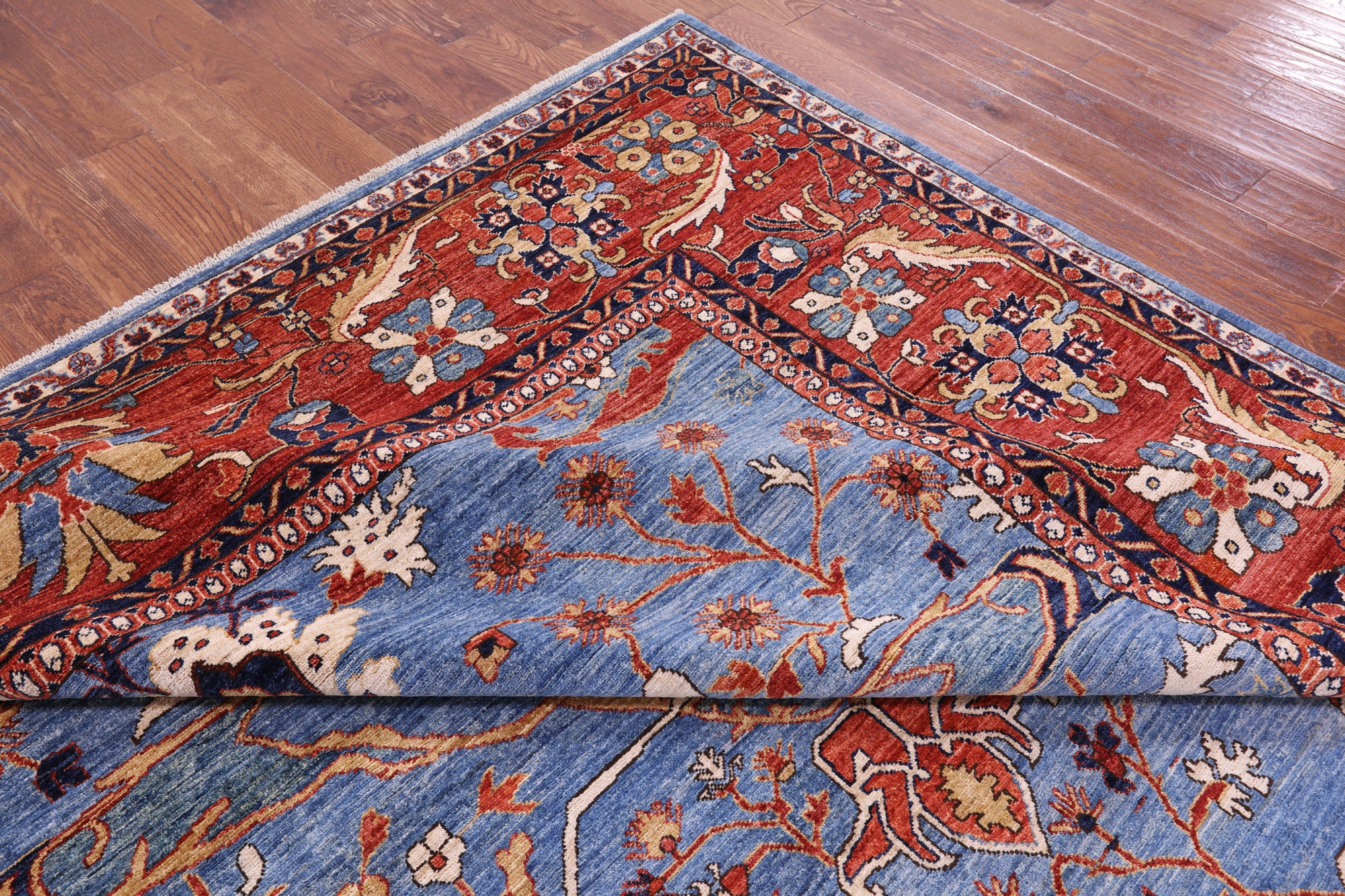 Blue Persian Fine Serapi Handmade Wool Rug - 9' 1" X 11' 9" - Golden Nile