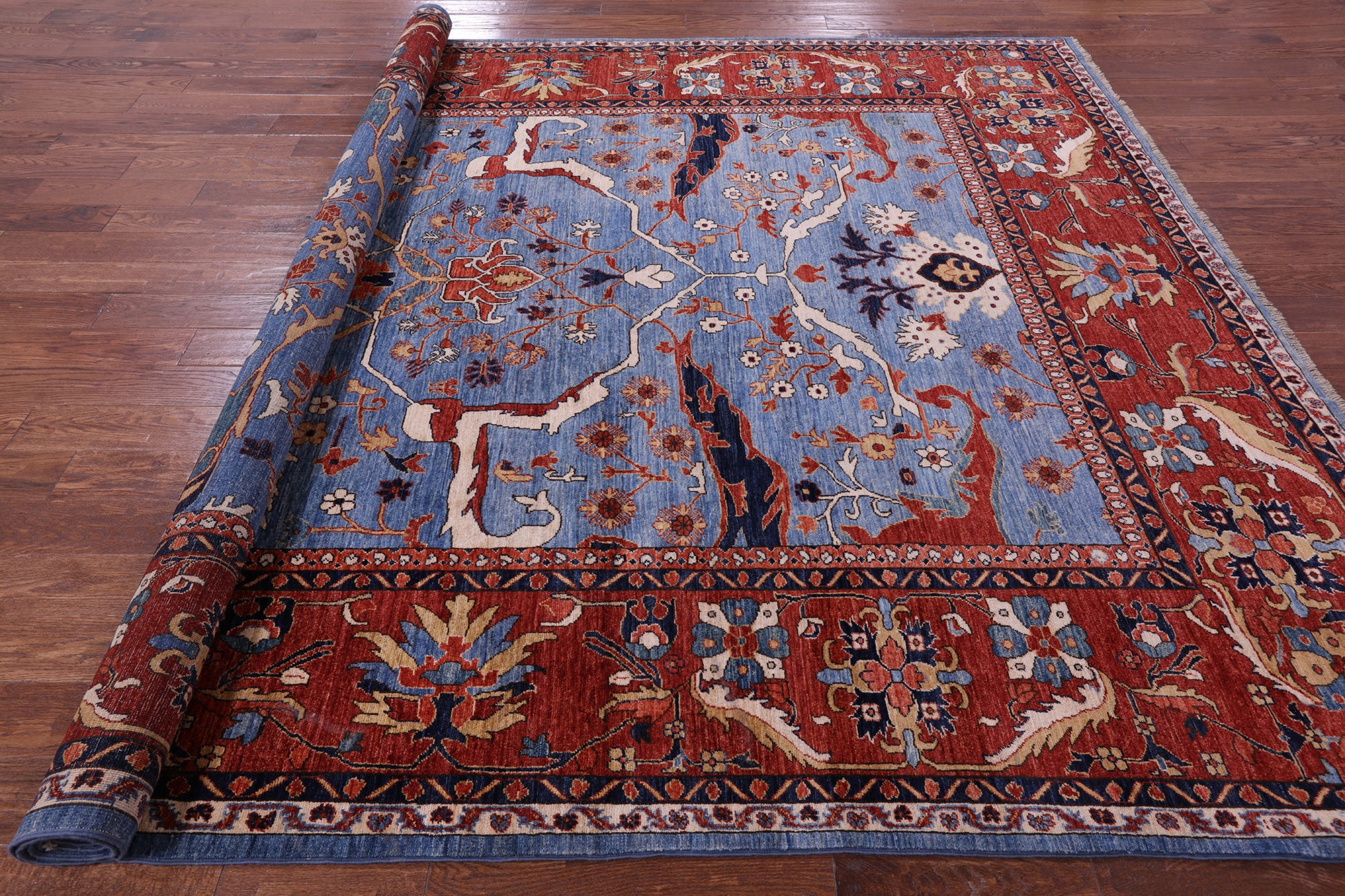 Blue Persian Fine Serapi Handmade Wool Rug - 9' 1" X 11' 9" - Golden Nile