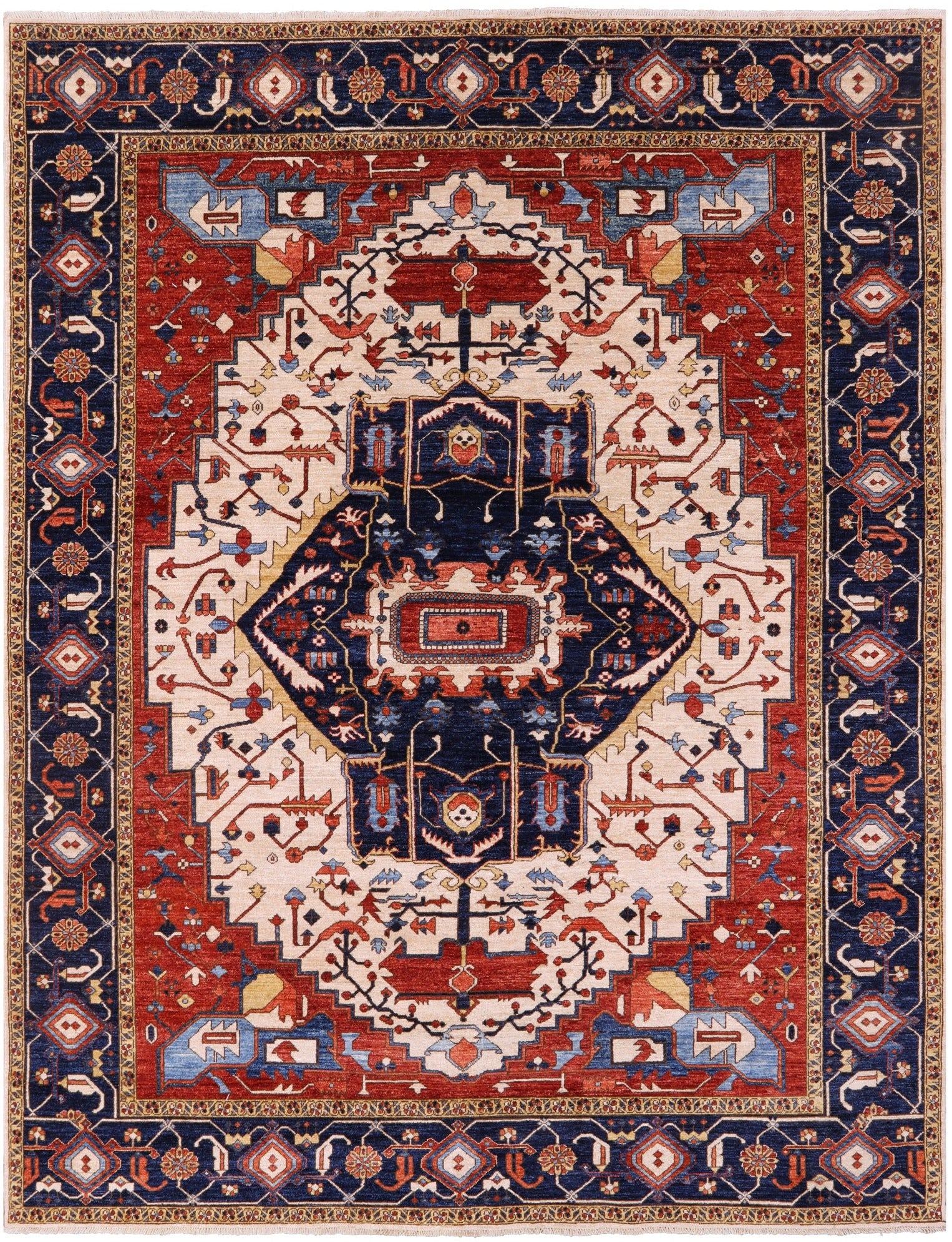 Ivory Persian Fine Serapi Hand Knotted Wool Rug - 7' 11" X 10' 3" - Golden Nile