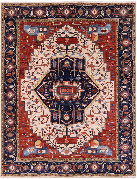 Ivory Persian Fine Serapi Hand Knotted Wool Rug - 7' 11" X 10' 3" - Golden Nile