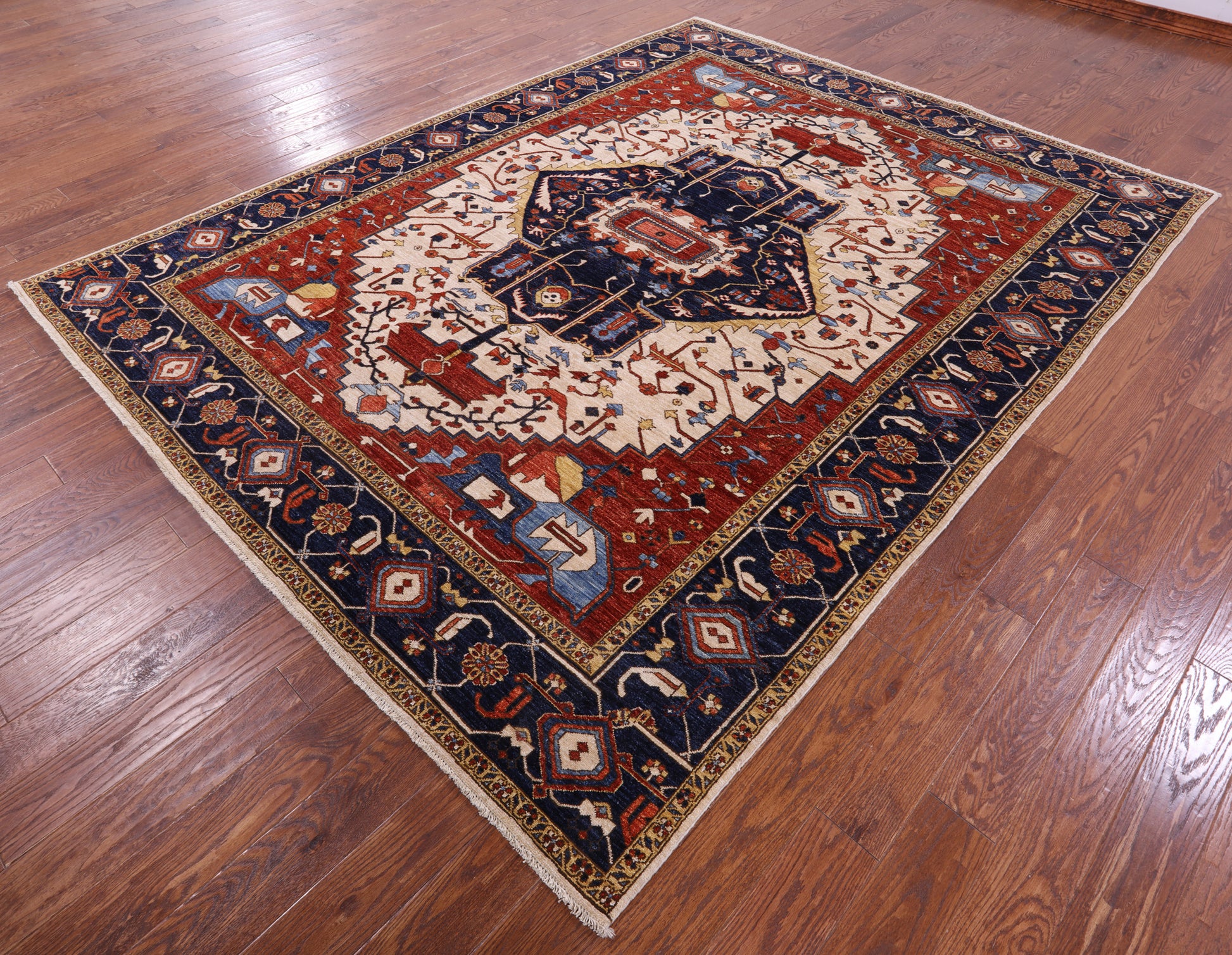 Ivory Persian Fine Serapi Hand Knotted Wool Rug - 7' 11" X 10' 3" - Golden Nile