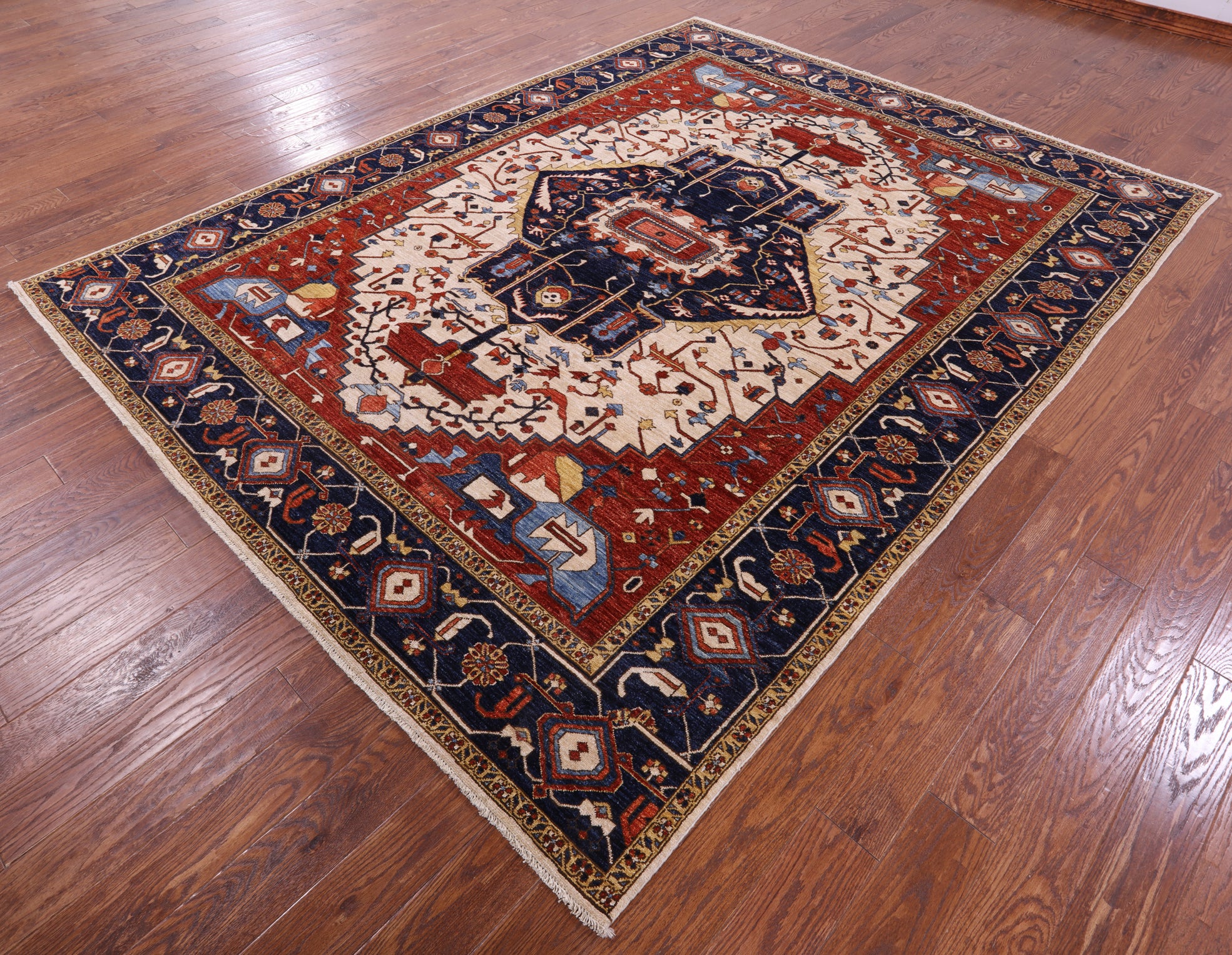 Ivory Persian Fine Serapi Hand Knotted Wool Rug - 7' 11" X 10' 3" - Golden Nile